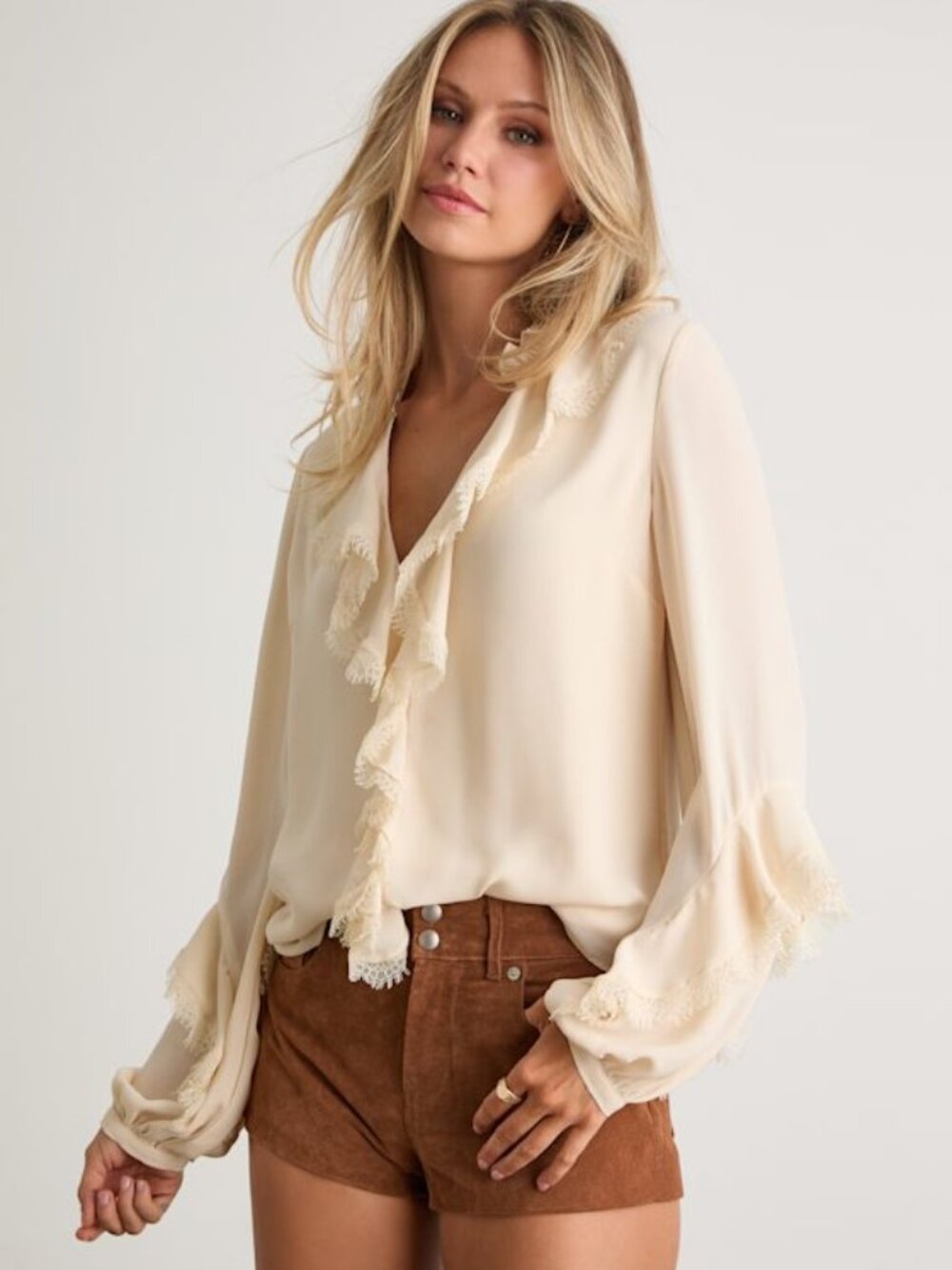 Lulus Jess Cream Ruffled Lace Long Sleeve Top White - Size XS